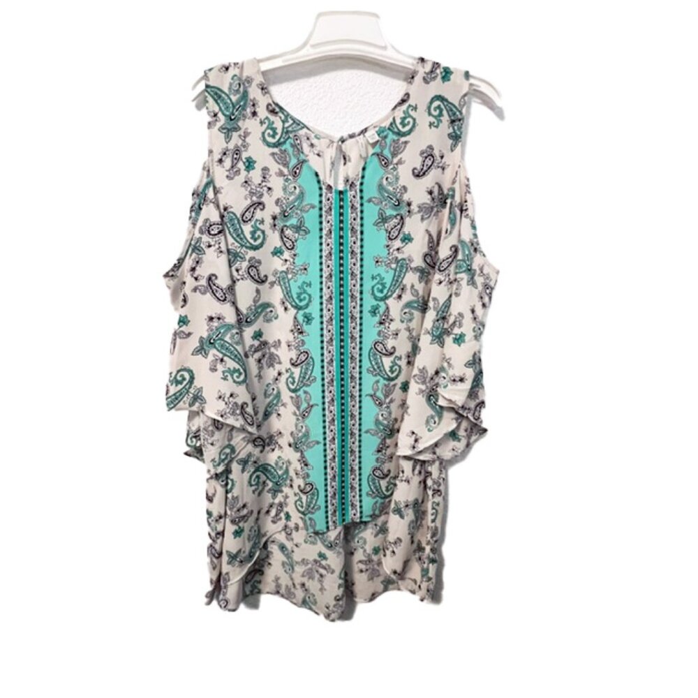 EST. 1946 Womens cold-shoulder blouse, Teal Paisley Print on Cream 22/24W (CATO)
